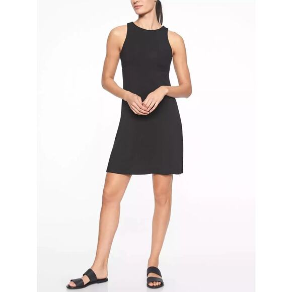 Athleta Santorini Dress Womens Medium Black Solid High Neck Sleeveless Fit Flare - Picture 6 of 11
